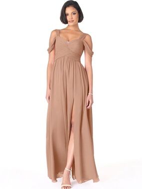 Azazie Champagne Rose Off Shoulder Chiffon Lianne Dress